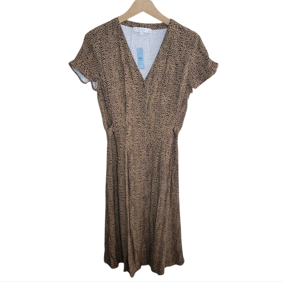 NWT Loft | Petite Black & Tan Leopard Print V-neck Midi Shirt Dress Size 4P - Picture 1 of 8